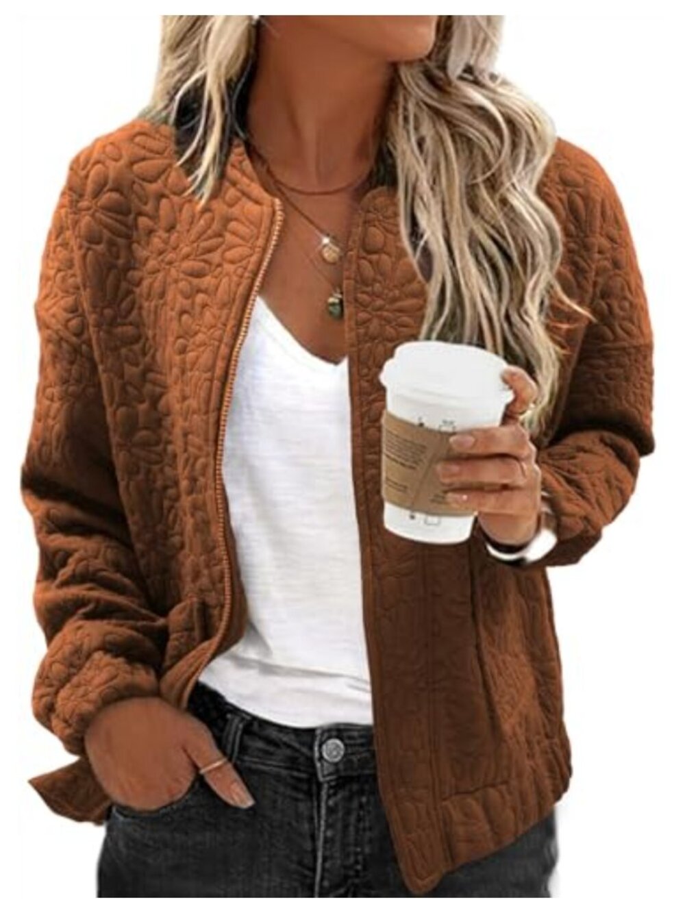 Jacquard Bomber Jacket Women Zip Up Coat with Pockets Loose Fit
